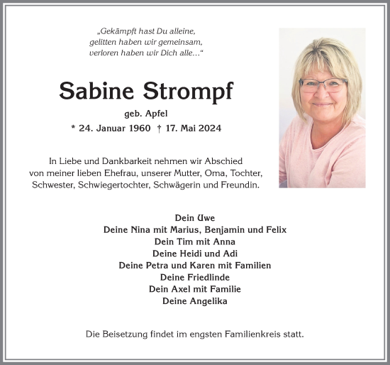 Traueranzeige von Sabine Strompf von Allgäuer Anzeigeblatt