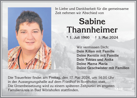 Traueranzeige von Sabine Thannheimer von Allgäuer Anzeigeblatt