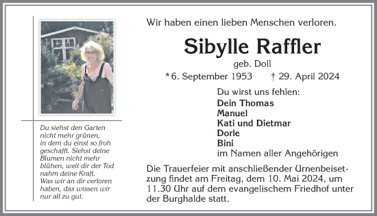 Traueranzeige von Sibylle Raffler von Allgäuer Zeitung,Kempten