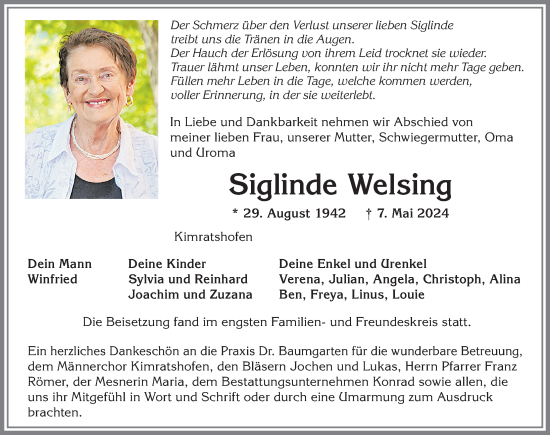 Traueranzeige von Siglinde Welsing von Allgäuer Zeitung,Kempten