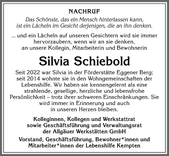 Traueranzeige von Silvia Schiebold von Allgäuer Zeitung,Kempten