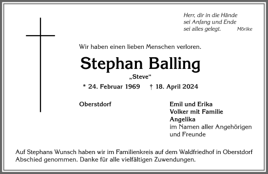 Traueranzeige von Stephan Balling von Allgäuer Anzeigeblatt
