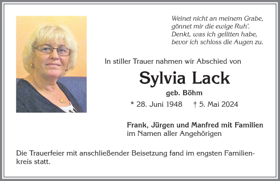 Traueranzeige von Sylvia Lack von Allgäuer Zeitung,Kempten