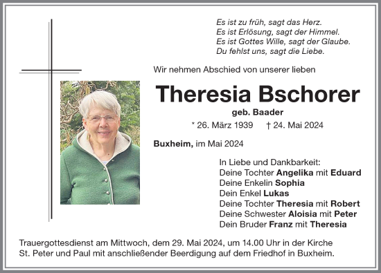 Traueranzeige von Theresia Bschorer von Memminger Zeitung
