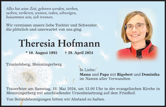 Traueranzeige von Theresia Hofmann von Memminger Zeitung