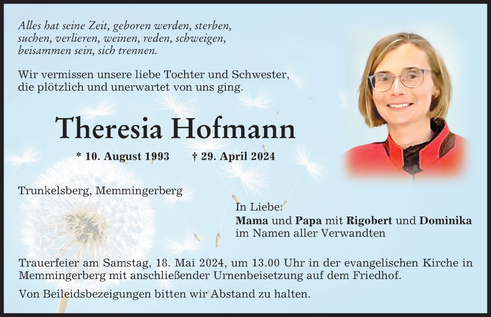  Traueranzeige für Theresia Hofmann vom 14.05.2024 aus Memminger Zeitung