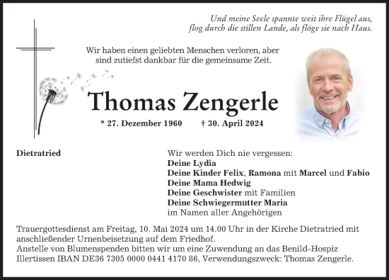 Traueranzeige von Thomas Zengerle von Memminger Zeitung