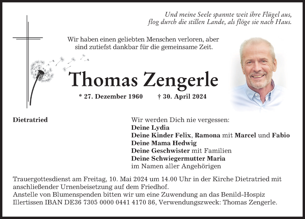  Traueranzeige für Thomas Zengerle vom 06.05.2024 aus Memminger Zeitung