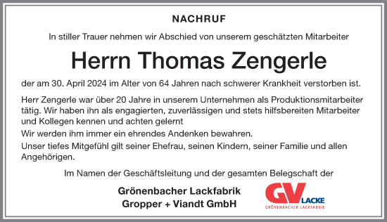 Traueranzeige von Thomas Zengerle von Memminger Zeitung