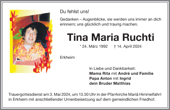 Traueranzeige von Tina Maria Ruchti von Memminger Zeitung