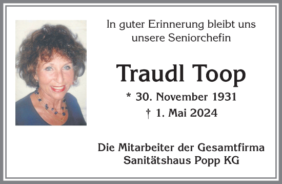 Traueranzeige von Traudl Toop von Allgäuer Zeitung,Kempten