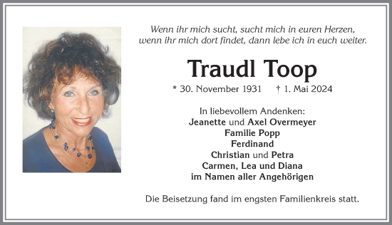 Traueranzeige von Traudl Toop von Allgäuer Zeitung,Kempten