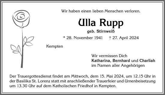 Traueranzeige von Ulla Rupp von Allgäuer Zeitung,Kempten