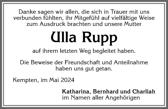 Traueranzeige von Ulla Rupp von Allgäuer Zeitung,Kempten
