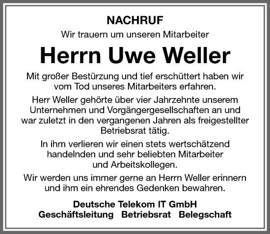 Traueranzeige von Uwe Weller von Memminger Zeitung