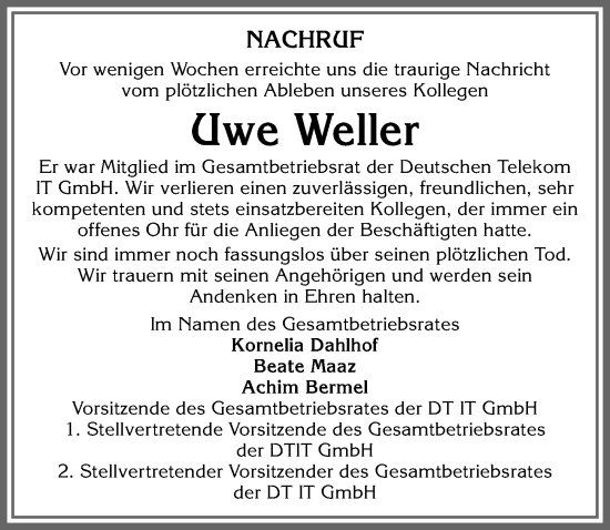 Traueranzeige von Uwe Weller von Memminger Zeitung