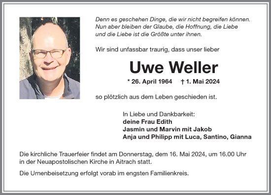 Traueranzeige von Uwe Weller von Memminger Zeitung