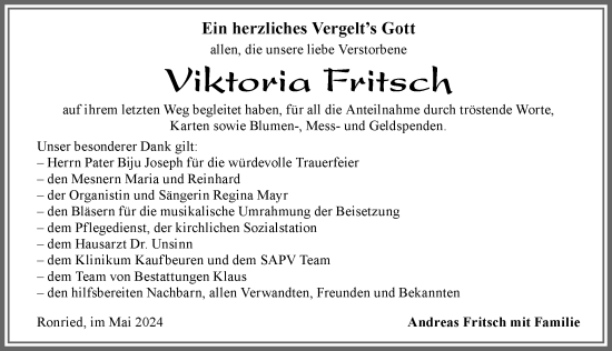 Traueranzeige von Viktoria Fritsch von Allgäuer Zeitung, Marktoberdorf