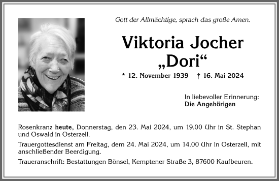 Traueranzeige von Viktoria Jocher von Allgäuer Zeitung, Kaufbeuren/Buchloe