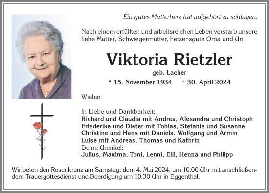 Traueranzeige von Viktoria Rietzler von Allgäuer Zeitung, Kaufbeuren/Buchloe