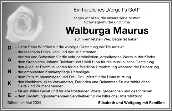 Traueranzeige von Walburga Maurus von Memminger Zeitung