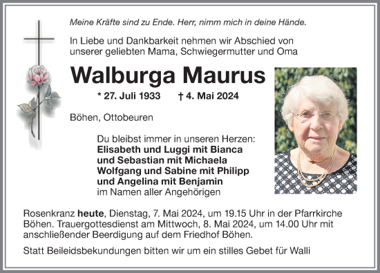 Traueranzeige von Walburga Maurus von Memminger Zeitung