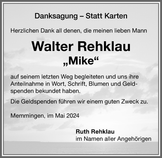 Traueranzeige von Walter Rehklau von Memminger Zeitung