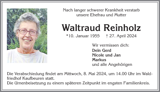 Traueranzeige von Waltraud Reinholz von Allgäuer Zeitung, Kaufbeuren/Buchloe