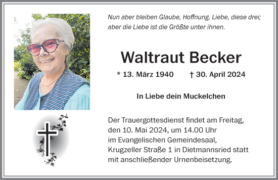 Traueranzeige von Waltraut Becker von Allgäuer Zeitung,Kempten
