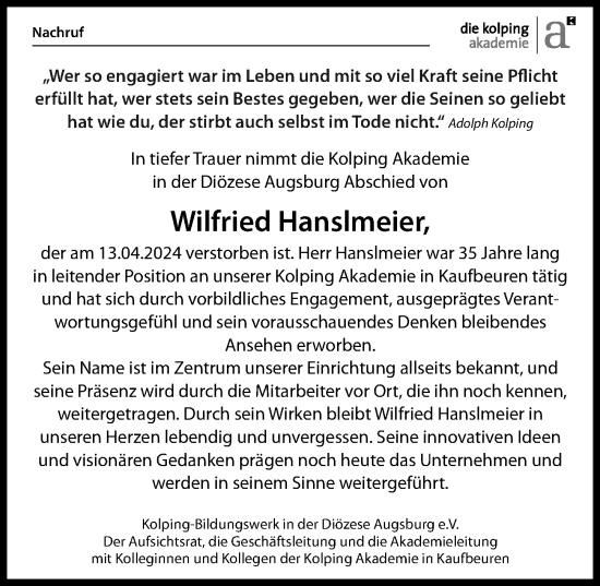 Traueranzeige von Wilfried Hanslmeier von Allgäuer Zeitung, Kaufbeuren/Buchloe