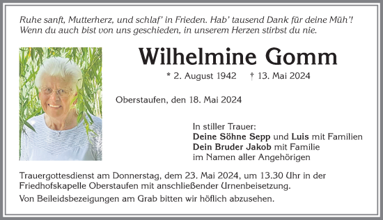 Traueranzeige von Wilhelmine Gomm von Allgäuer Anzeigeblatt