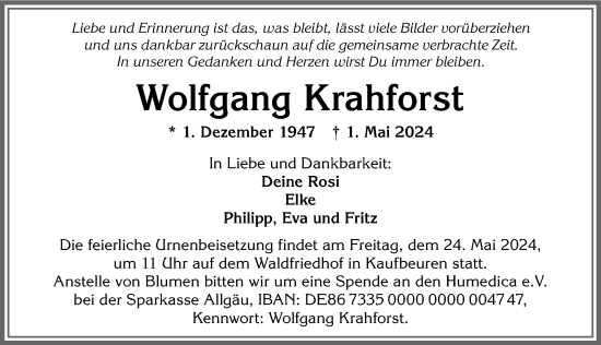 Traueranzeige von Wolfgang Krahforst von Allgäuer Zeitung, Kaufbeuren/Buchloe