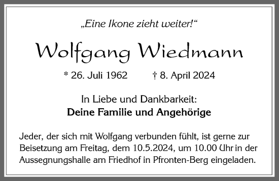 Traueranzeige von Wolfgang Wiedmann von Allgäuer Zeitung, Füssen