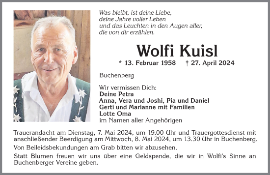 Traueranzeige von Wolfi Kuisl von Allgäuer Anzeigeblatt