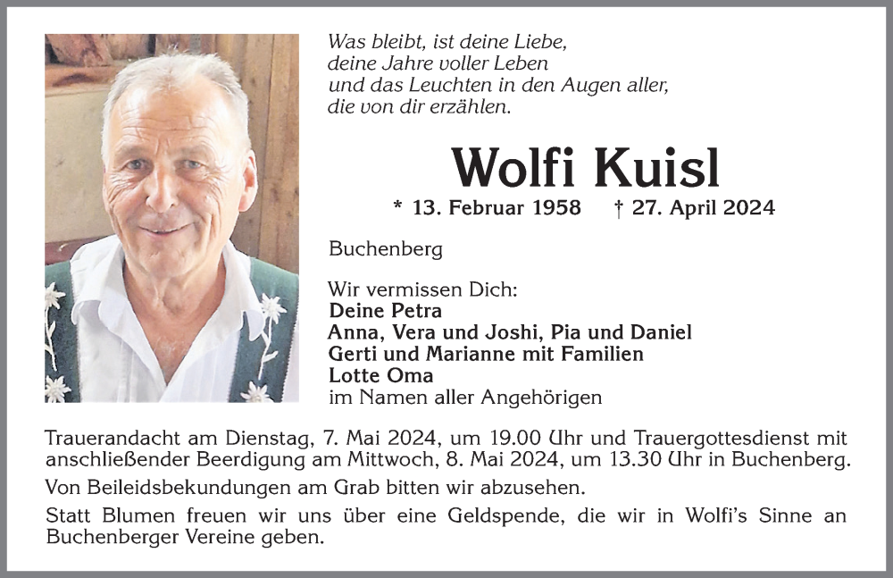  Traueranzeige für Wolfi Kuisl vom 04.05.2024 aus Allgäuer Anzeigeblatt