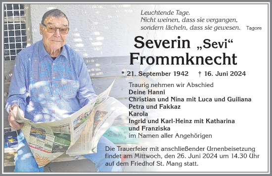 Traueranzeige von Severin Frommknecht von Allgäuer Zeitung,Kempten
