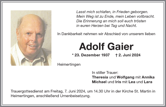 Traueranzeige von Adolf Gaier von Memminger Zeitung