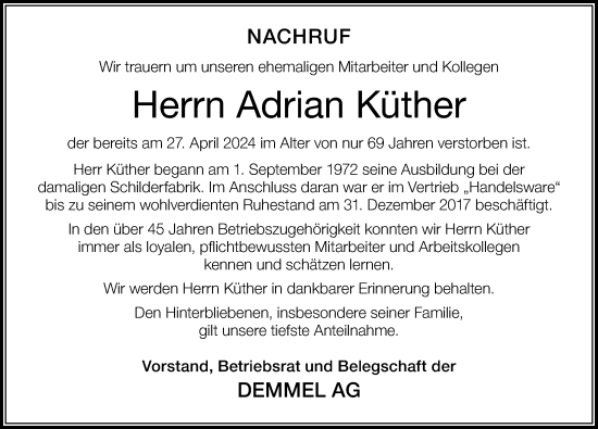 Traueranzeige von Adrian Küther von Der Westallgäuer