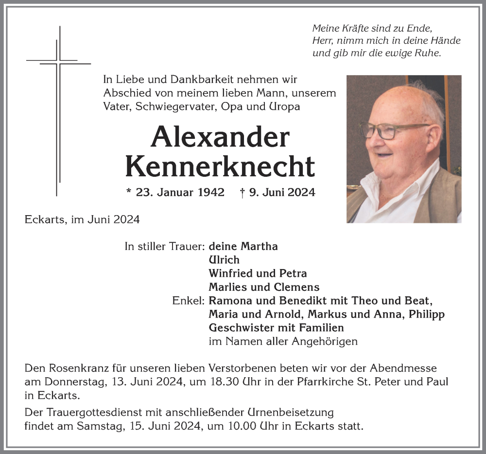  Traueranzeige für Alexander Kennerknecht vom 12.06.2024 aus Allgäuer Anzeigeblatt