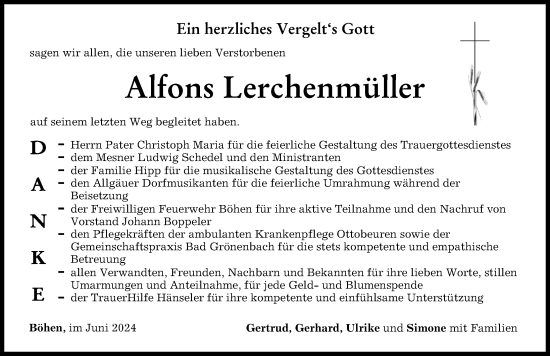 Traueranzeige von Alfons Lerchenmüller von Memminger Zeitung