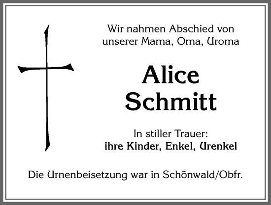 Traueranzeige von Alice Schmitt von Allgäuer Zeitung, Kaufbeuren/Buchloe