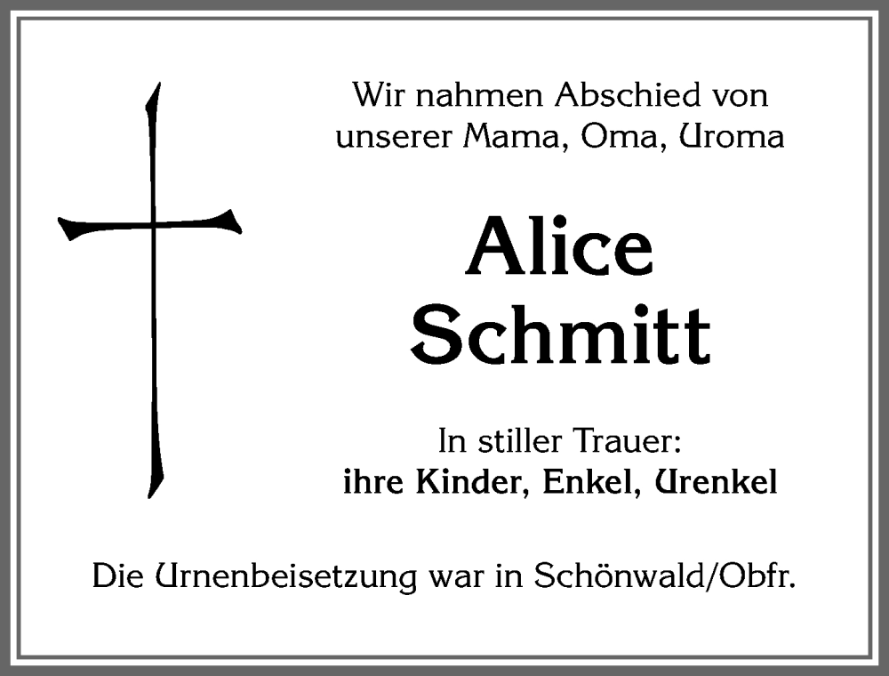  Traueranzeige für Alice Schmitt vom 01.06.2024 aus Allgäuer Zeitung, Kaufbeuren/Buchloe