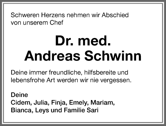 Traueranzeige von Andreas Schwinn von Memminger Zeitung