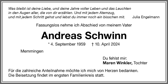 Traueranzeige von Andreas Schwinn von Memminger Zeitung