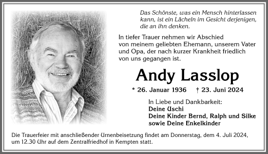 Traueranzeige von Andy Lasslop von Allgäuer Zeitung,Kempten