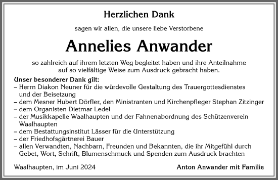 Traueranzeige von Annelies Anwander von Allgäuer Zeitung, Kaufbeuren/Buchloe