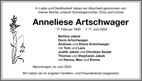 Traueranzeige von Anneliese Artschwager von Memminger Zeitung