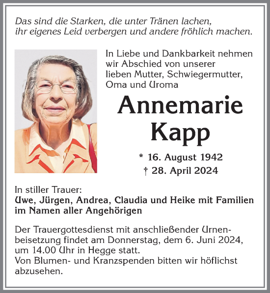 Traueranzeige von Annemarie Kapp von Allgäuer Zeitung,Kempten
