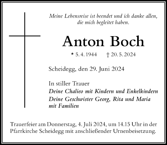 Traueranzeige von Anton Boch von Der Westallgäuer