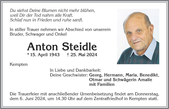Traueranzeige von Anton Steidle von Allgäuer Zeitung,Kempten